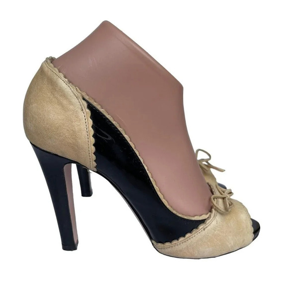 RED VALENTINO Heel Pump Size 37 Dusty Beige Black Patent Peep Toe Bow Shoes - Picture 4 of 7